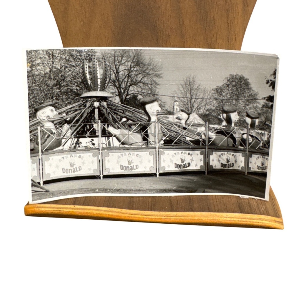 Vintage Black White Photo Donald Duck Amusement Park Ride Carousel Disneyana